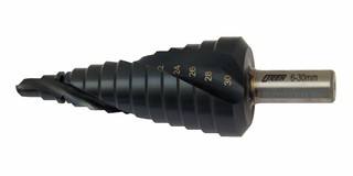Step drill OREN with spiral flute, HSS TiAlN 6-30 mm, 2 mm steps